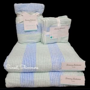 8pc Tommy Bahama Weekend Striped Bath Hand Washcloth Towel Set Mint Blue White